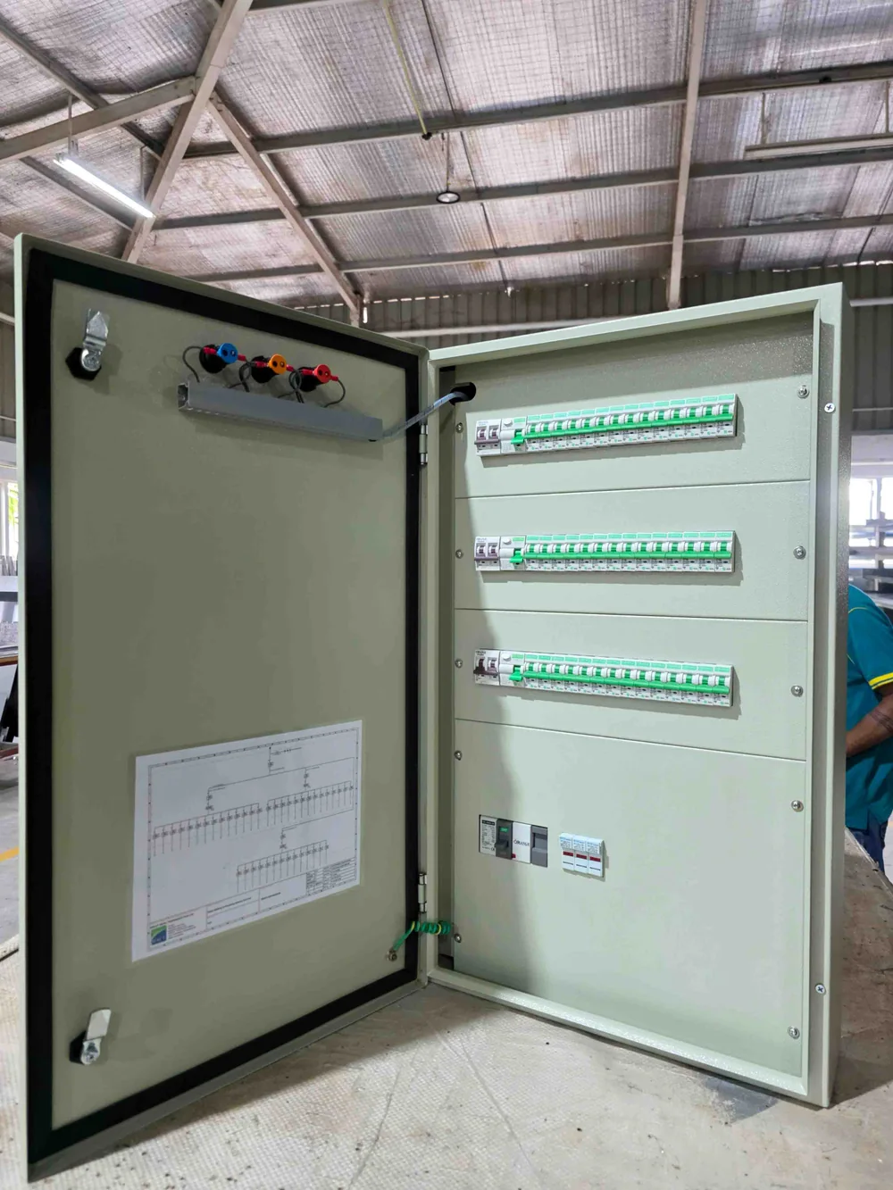 Distribution panel with breakers and busbars arranged inside the enclosure