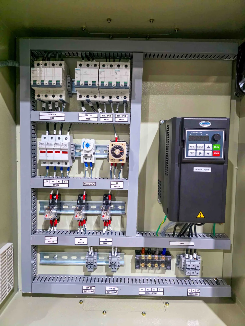 Control equipment, protective devices and a variable frequency drive inside a panel